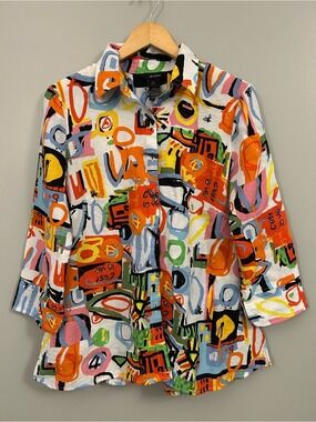 Ali Miles Multicolor Abstract Button-Up Shirt with Pink, Green & Blue Accents Sm